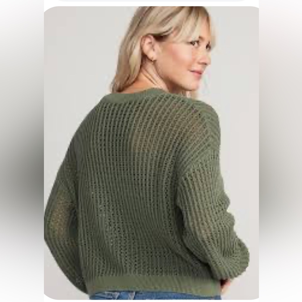 Express Olive Green Open-Weave Crewneck Sweater